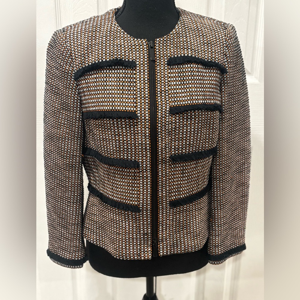 Karen Millen Black and Tan Textured Blazer with frayed accents size 8